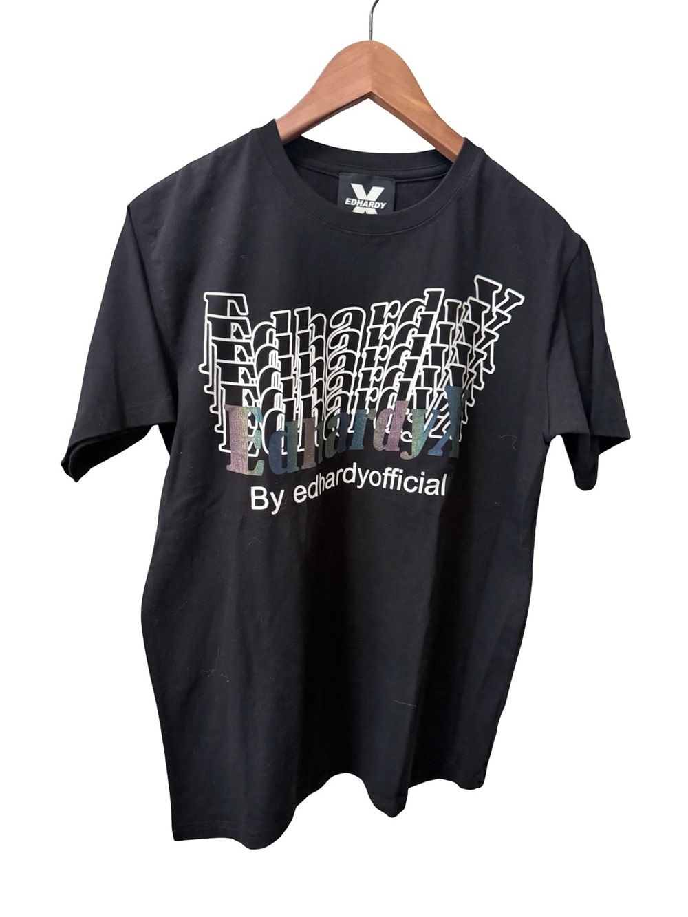 New Ed Hardy Black Tee with Multicolor Gradient Logo